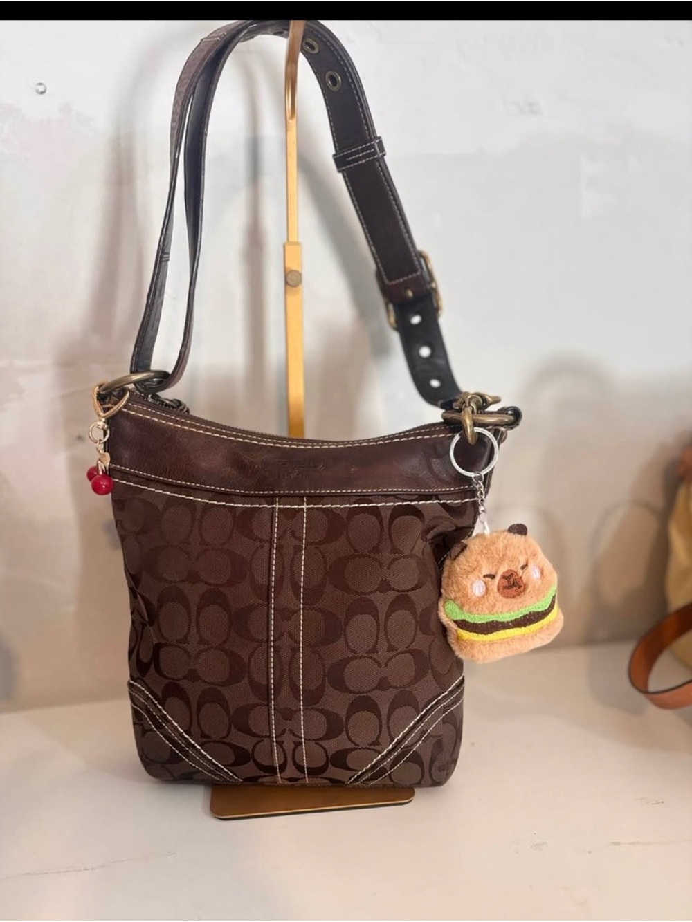 Coach Brown Signature Canvas Shoulder Bag with Leather Trim